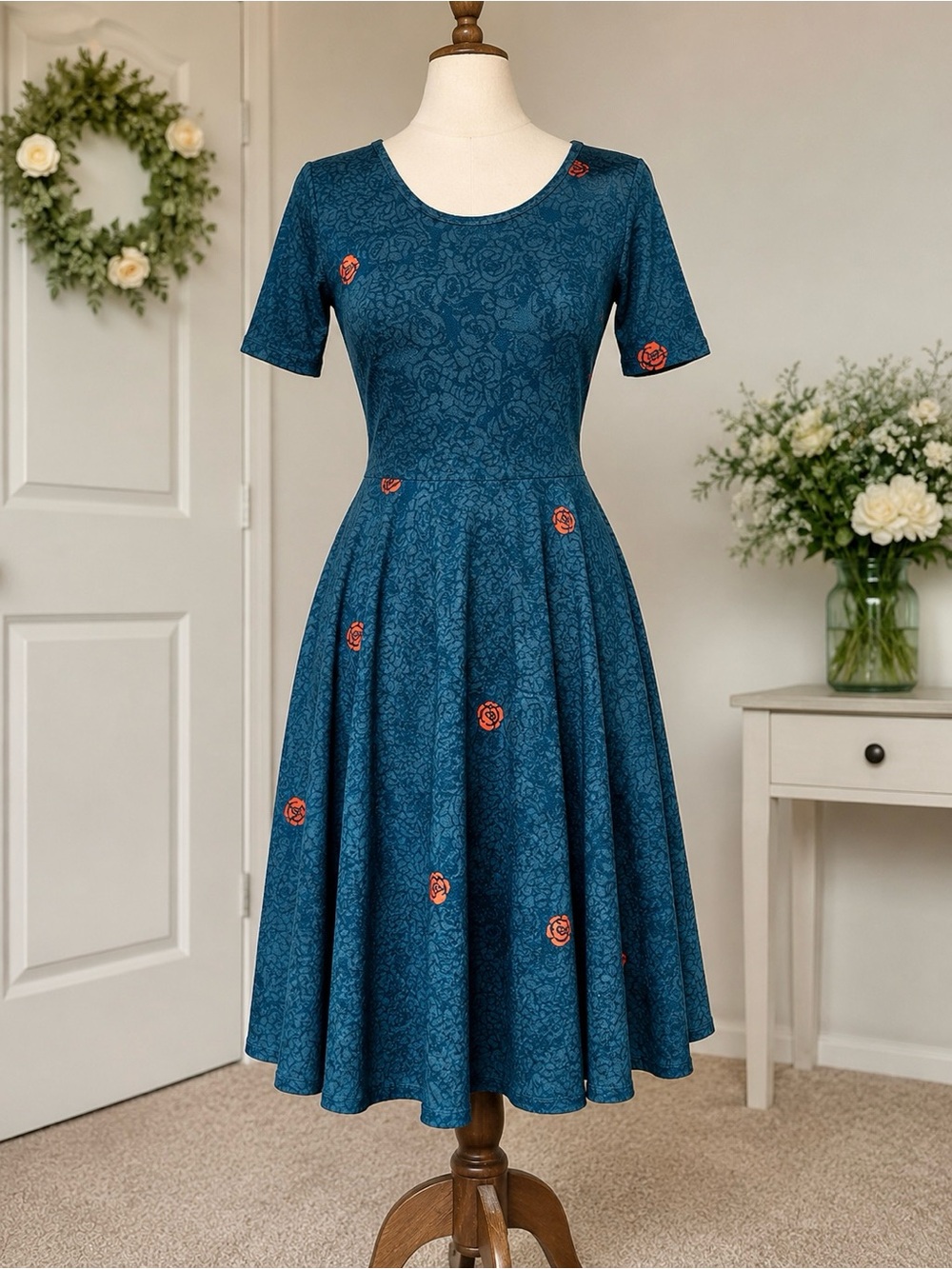 LuLaRoe Teal Floral Midi Dress with Coral Rose Details